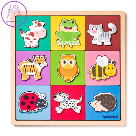 WOODY Puzzle se zvířátky, tvary - barva dřevěné