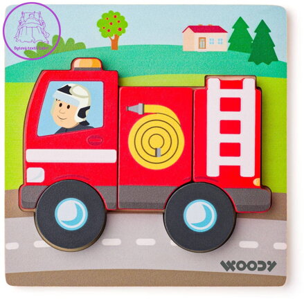 WOODY DŘEVO Baby vkládací puzzle auto hasiči skládačka 5 dílků na desce