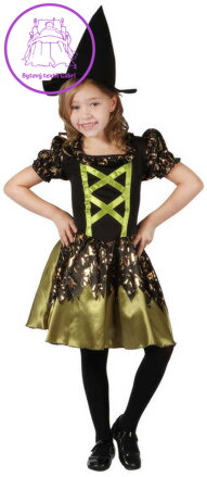 KARNEVAL Šaty čarodějka černozlatá vel. M (120-130cm) 5-9 let *KOSTÝM*