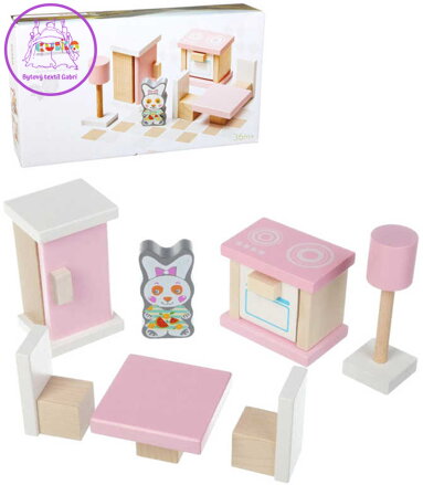 CUBIKA DŘEVO Kuchyňka nábytek pro panenky s figurkou a magnetickými oblečky