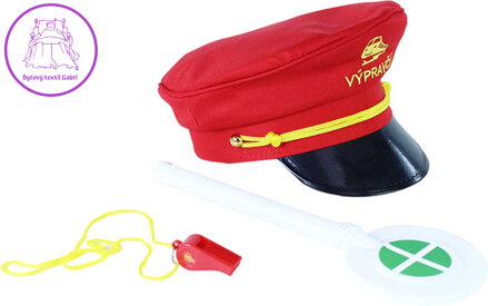 Malý výpravčí set červená čepice s píšťalkou a plácačkou na kartě