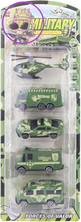 Vojenské army dopravní prostředky set 4 auta + helikoptéra 4-7cm plast