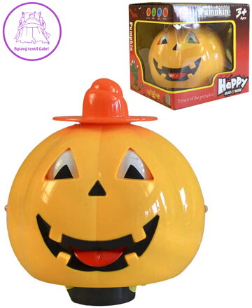 Dýně žlutá dekorace Halloween 13cm na baterie Světlo Zvuk plast