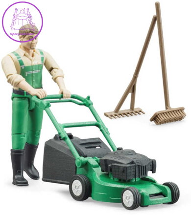 BRUDER 62103 Herní set figurka zahradník + sekačka na trávu se 2 nástroji