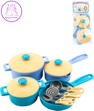 Pánev s hrnci a kuchyňskými nástroji set 11ks dětské barevné nádobí plast