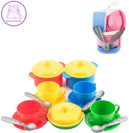 Nádobí dětské barevné set 18ks malý kuchař v síťce plast 2 druhy