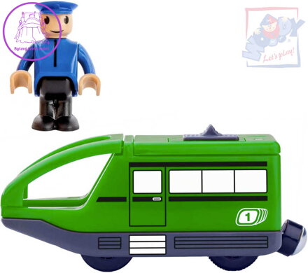 WOODY Mašinka elektrická zelená na baterie set s panáčkem doplněk k vláčkodráze