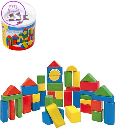 WOODY DŘEVO Baby kostky barevné set 50ks stavebnice vkládačka v kyblíku