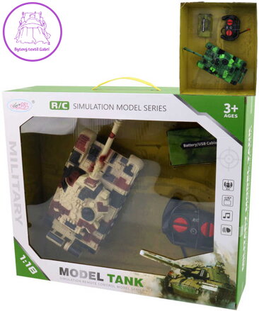 RC Tank na vysílačku 27MHz na baterie 1:18 USB Světlo Zvuk 2 barvy