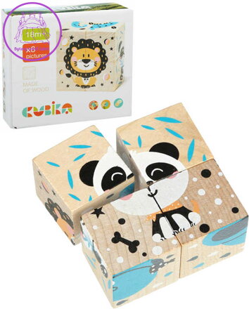 CUBIKA DŘEVO Baby kostky obrázkové Veselá zvířátka kubus set 4ks