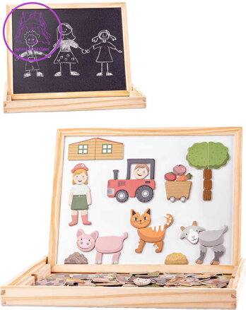 WOODY DŘEVO Tabulka magnetická se zvířátky oboustranná s křídami a fixem