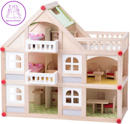 WOODY DŘEVO Domeček s balkónem set se 4 panenkami a doplňky 2 patra