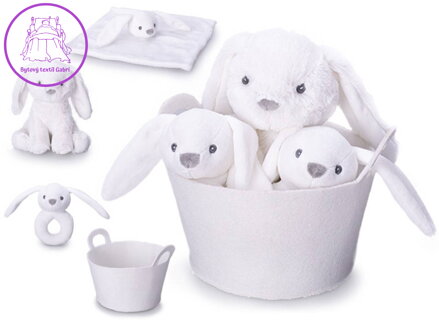 PLYŠ Zajíček bílý set s chrastítkem a usínáčkem v košíku pro miminko PLYŠ Zajíček bílý set s chrastítkem a usínáčkem v košíku pro miminko