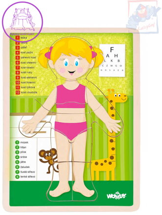 WOODY DŘEVO Puzzle holka naučná skládačka set 13 dílků s podložkou