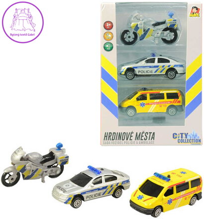 Záchranné složky set 2 auta s motocyklem CZ design na baterie Světlo Zvuk kov