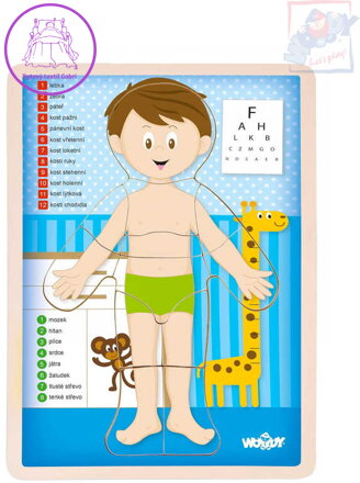 WOODY DŘEVO Puzzle kluk naučná skládačka set 13 dílků s podložkou