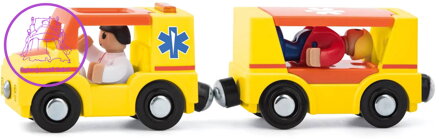 WOODY DŘEVO Auto ambulance set s vagonkem a 4 figurkami doplněk k vláčkodráze