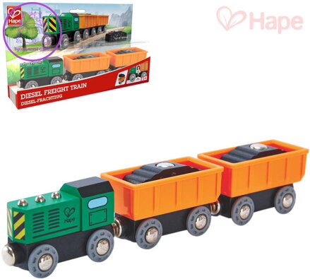 HAPE DŘEVO Vláček diesel nákladní set mašinka + 2 vagonky s nákladem