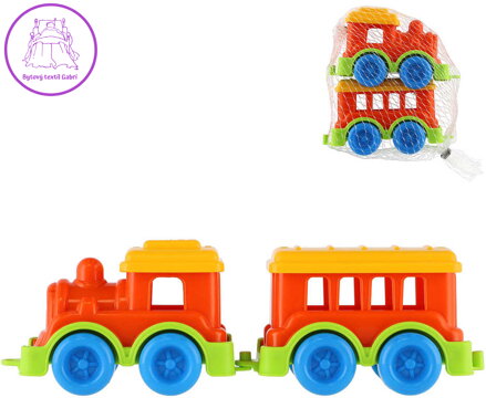 Vláček barevný mini sada mašinka + vagónek 10cm plast v síťce