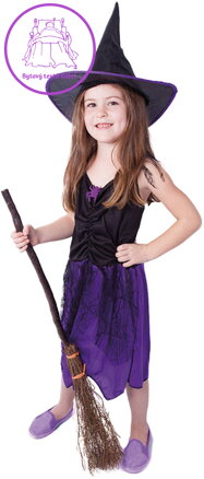 KARNEVAL Šaty čarodějnice fialové s kloboukem vel. M (116-128cm) 6-8 let *KOSTÝM*