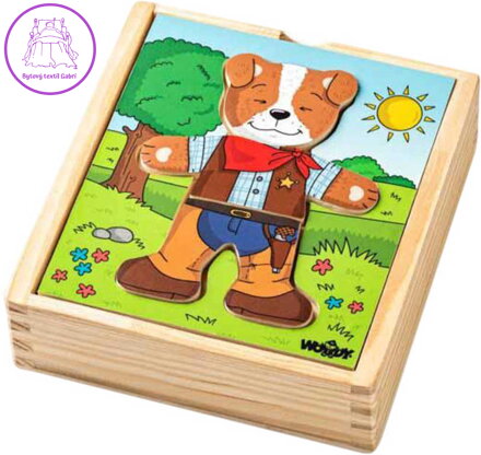 WOODY DŘEVO Baby puzzle šatní skříň pejsek 18 dílků *DŘEVĚNÉ HRAČKY*