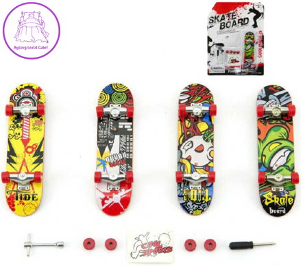 Skateboard psrtový 10cm set s nástroji k sestavení různé druhy na kartě plast
