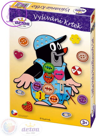 DETOA DŘEVO Vyšívání Krtek (Krteček) set 26 dílků s tkaničkou a knoflíky