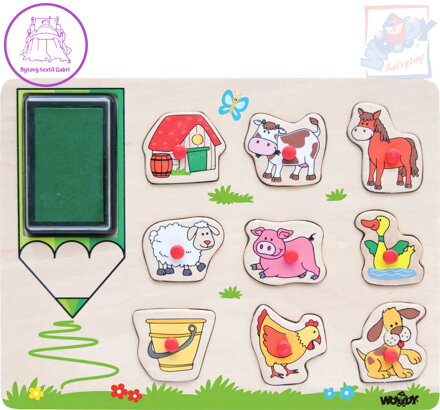 WOODY DŘEVO Razítka zvířátka puzzle vkládací s úchyty 9 dílků 2v1
