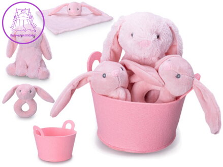 PLYŠ Zajíček růžový set s chrastítkem a usínáčkem v košíku pro miminko PLYŠ Zajíček růžový set s chrastítkem a usínáčkem v košíku pro miminko