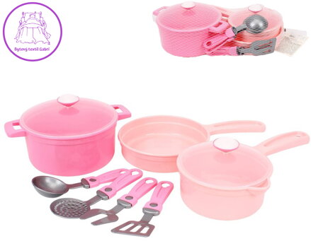 Nádobí baby dětské růžové set 2 hrnce s pánví a doplňky plast