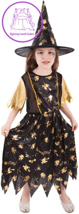 KARNEVAL Šaty čarodějnice černo/zlatá vel. S (105-116cm) 3-6 let *KOSTÝM*