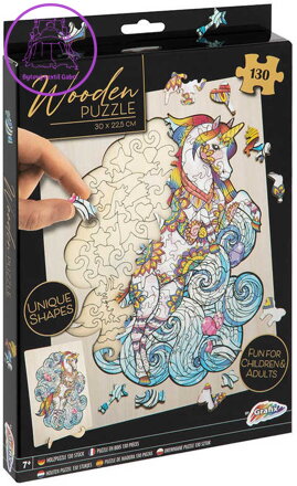 DŘEVO Puzzle obrysové na desce Jednorožec 130 dílků set skládačka se stojánkem