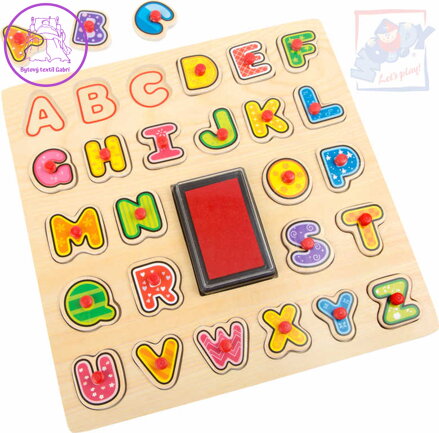 WOODY DŘEVO Razítka puzzle vkládací s úchyty 2v1 abeceda set 26ks s poduškou