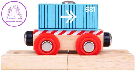 BIGJIGS TOYS DŘEVO Set vagón nákladní modrý kontejner + koleje 2ks