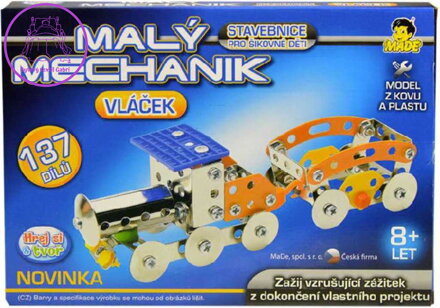 MALÝ MECHANIK Vláček 137 dílků kovová STAVEBNICE typu Merkur