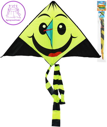 Drak létající smíšek 140cm žlutočerný smajlík s třásněmi nylonový