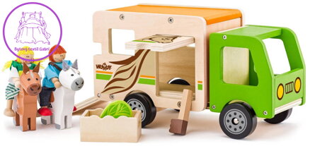 WOODY DŘEVO Auto přeprava koní funkční set se 2 koníky a figurkami