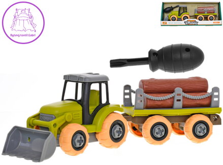 Traktor s vlečkou montážní šroubovací set s nástrojem a kládami dřeva volný chod