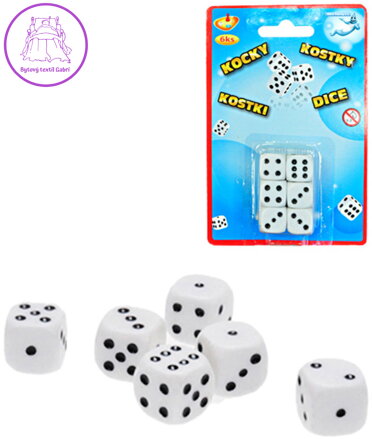 Hra Kostky hrací bílé 12mm set 6ks na kartě plast *SPOLEČENSKÉ HRY*