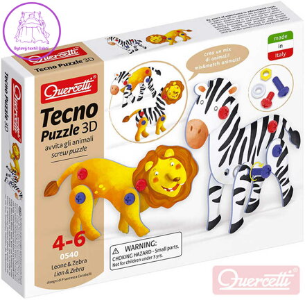 QUERCETTI Tecno Puzzle pohyblivé 3D lev + zebra 26 dílků STAVEBNICE