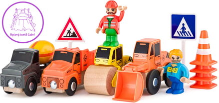 WOODY DŘEVO Stavební stroje set 4 autíčka se 2 figurkami doplněk k vláčkodráze
