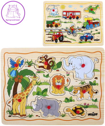 WOODY DŘEVO Baby puzzle vkládací na desce s úchyty 8 dílků různé druhy