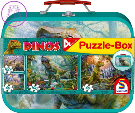 SCHMIDT Puzzle Dinosauři 4v1 v plechovém kufříku (60,60,100,100 dílků)