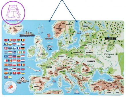 WOODY Magnetická mapa Evropy s obrázky a společenská hra, 3v1 v angličtině