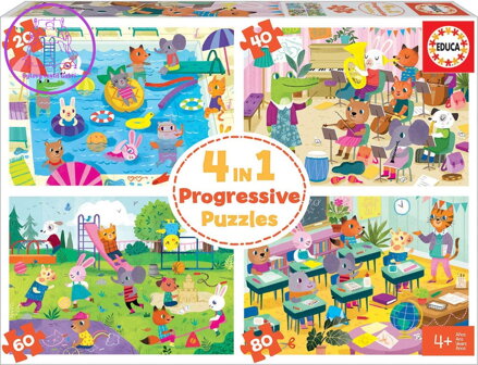 EDUCA Puzzle Den ve škole 4v1 (20,40,60,80 dílků)