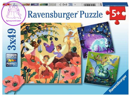 RAVENSBURGER Puzzle Víly, drak a jednorožec 3x49 dílků