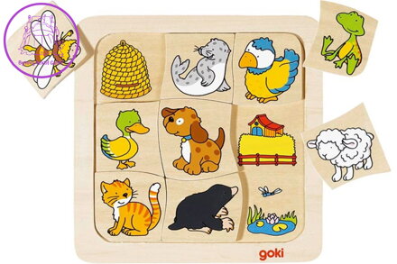 GOKI Dřevěné puzzle Kdo bydlí kde? 9 dílků
