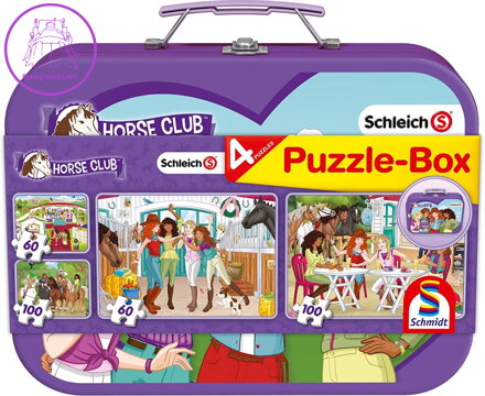 SCHMIDT Puzzle Schleich: Horse Club 4v1 v plechovém kufříku (60,60,100,100 dílků)