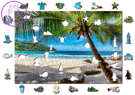 WOODEN CITY Dřevěné puzzle Pláž na Paradise Island, Karibské moře 2v1, 505 dílků EKO