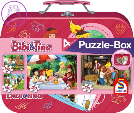 SCHMIDT Puzzle Bibi a Tina 4v1 v plechovém kufříku (100, 100, 150, 150 dílků)
